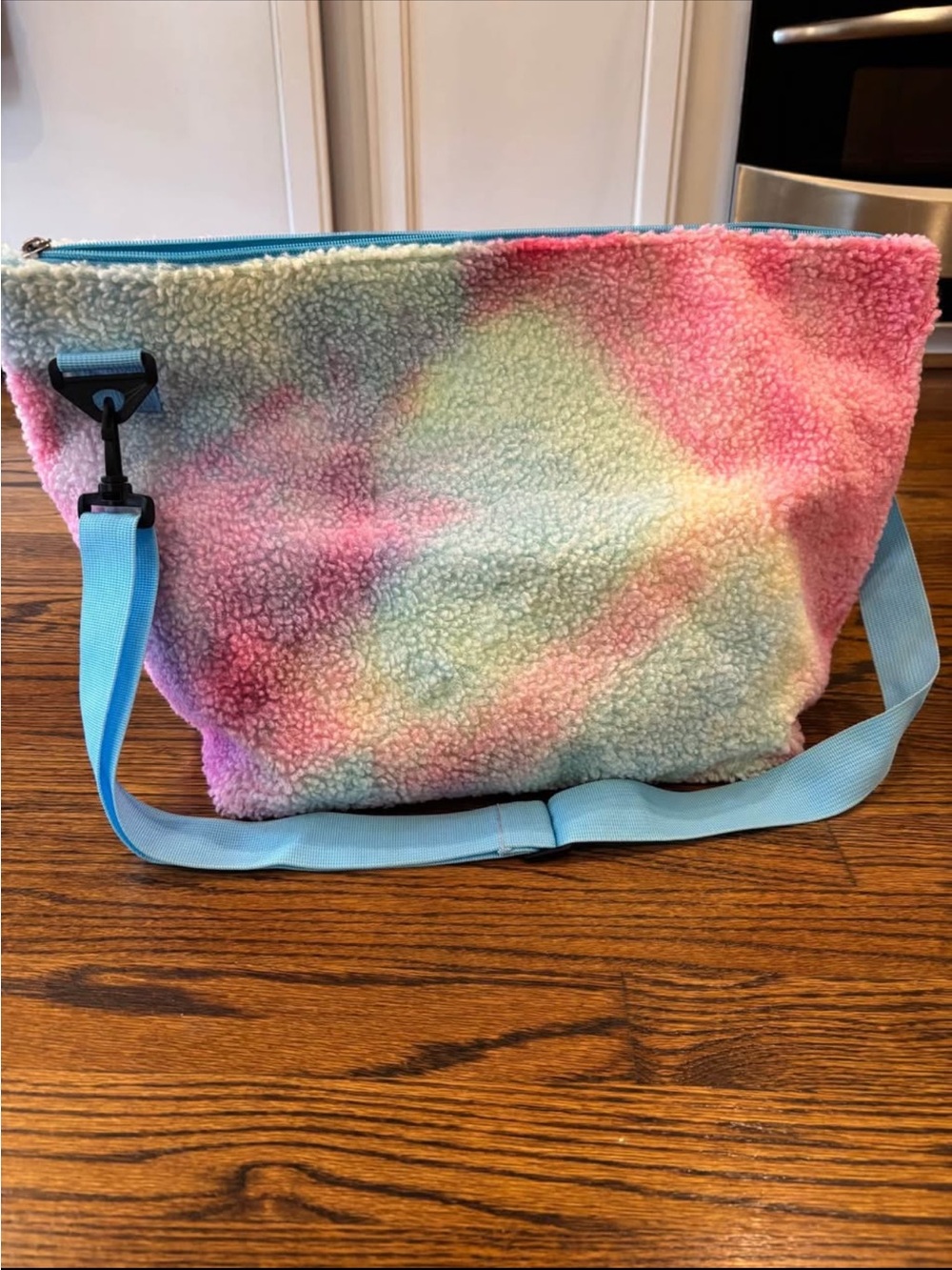Pastel Tie-Dye Sherpa Crossbody Bag with Blue Strap